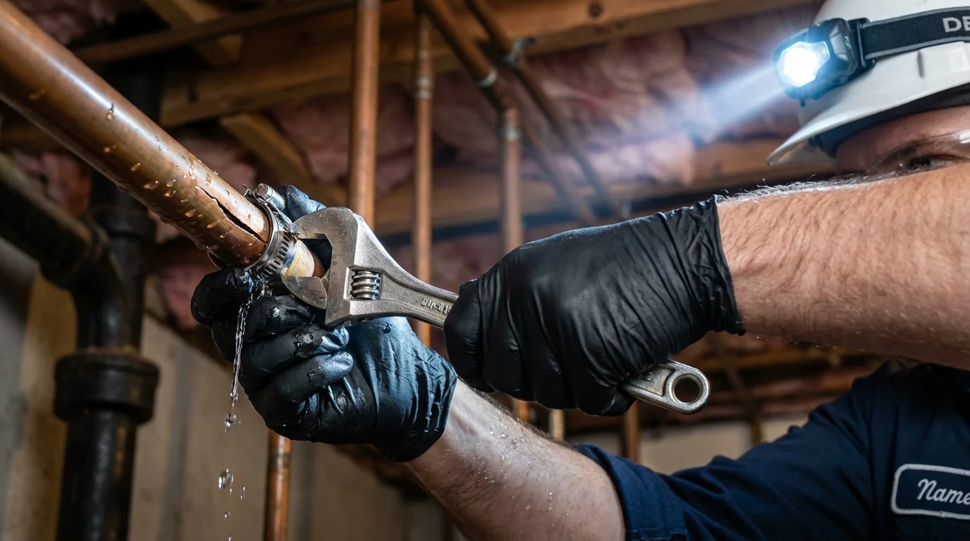 Emergency pipe clamp repair being performed by a Johns Plumbing LLC plumber in Findlay