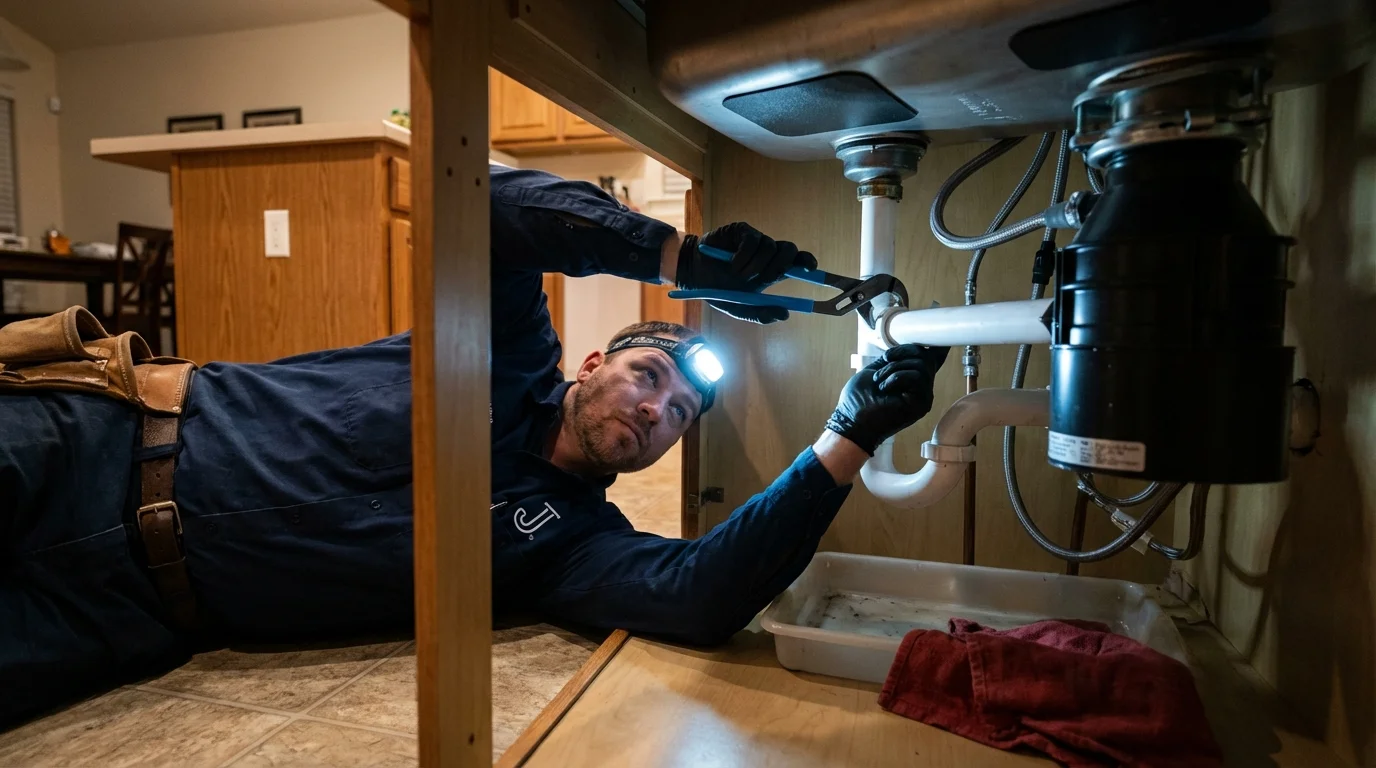 P-trap and supply line connections under a kitchen sink showing a common leak point in Findlay, OH